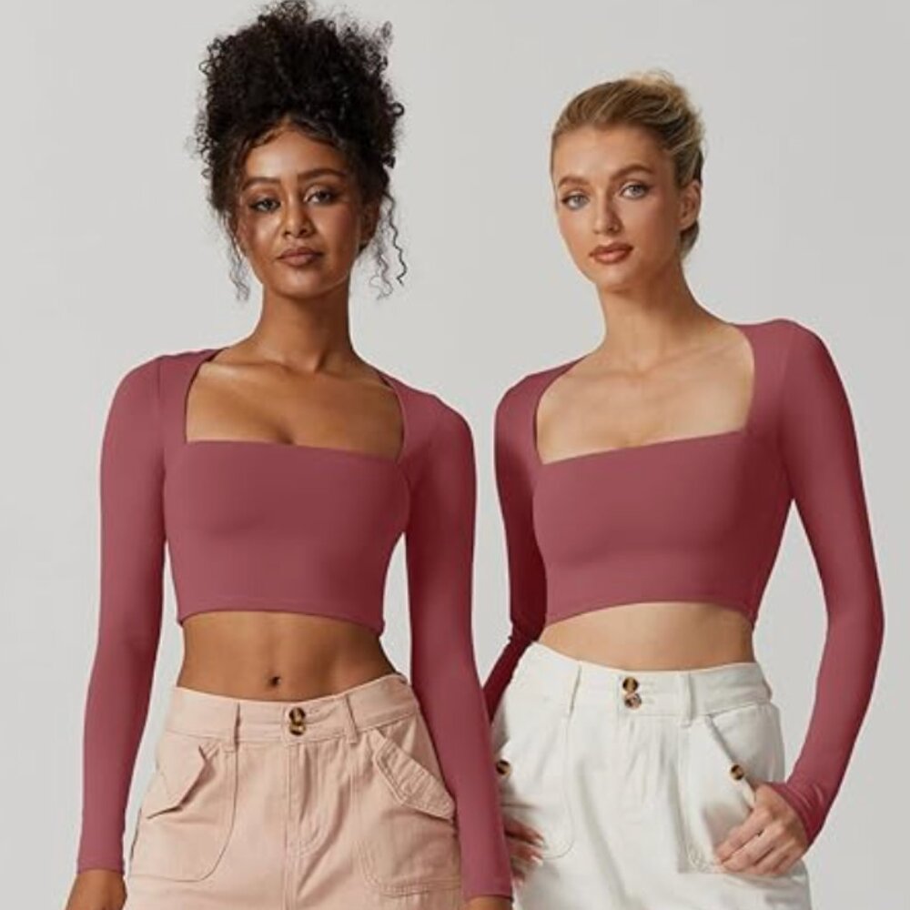 Women's Sexy Square Neck Crop Top Long Sleeve Slim Fit Cropped T Shirts